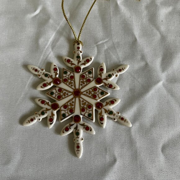Hand-Painted Ceramic Snowflake Ornament With Red & Gold Accents - Picture 2 of 2
